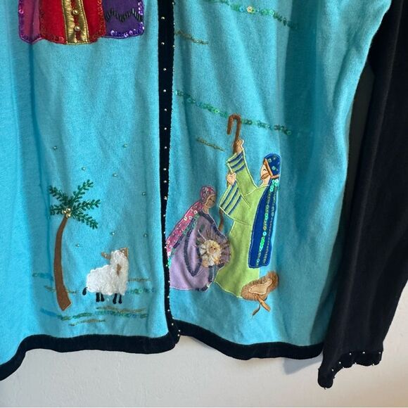 Vtg Quacker Factory Christmas Cardigan Sweater XL Zip Nativity Novelty Jesus - Picture 3 of 9